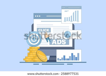 Pay per click concept for websites. Advertising on the internet, clicking on ads, pay per click system. PPC advertising strategies, clicking on ads and more. Flat vector illustration on background.