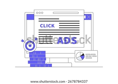 Pay per click concept for websites. Advertising on the internet, clicking ads, pay per click system. PPC advertising strategies, clicking ads and more. Flat Cartoon Vector Illustration, icon Stylish 