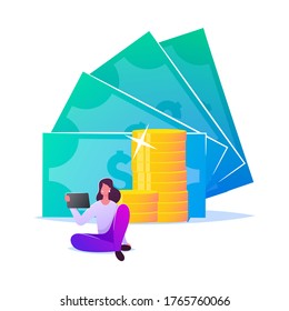 Pay Per Click, Contactless Payment, Cashless Noncontact Paying Concept. Tiny Female Character with Smartphone or Tablet in Hand at Huge Stacks of Golden Coins and Bills. Cartoon Vector Illustration