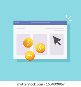 Pay per click or cost per click website money earning technology vector icon flat cartoon, illustrated web or internet browser window and coins cash income from advertising clicking, ppc or cpc symbol