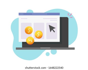 Pay per click or cost per click website money earning online on computer vector icon flat cartoon, web or internet tech, coins cash income from advertising clicking, ppc or cpc symbol modern design