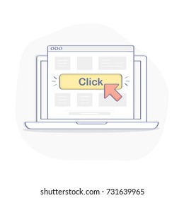 Pay Per Click, CPC Or CPA Internet Advertising, Marketing Model When The Ad Or Banner Is Clicked. Isolated Vector Illustration With Laptop, Cursor On Display And Banner. Flat Outline Icon Design.