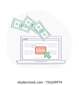 Pagar por clic, Publicidad de Internet de CPC, modelo de marketing cuando se hace clic en el anuncio o el banner. Ilustración vectorial aislada con portátil, cursor en la pantalla y dinero volador. Diseño de iconos de esquema plano.