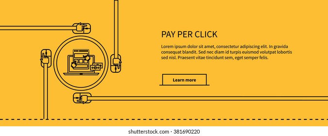 Pay per click design black line on yellow. Ppc and seo, search engine marketing, online advertising, social media, sem and internet, marketing online, web technology, business advertising illustration