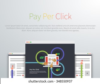 Pay per click design concept style. Ppc and seo, search engine marketing, online advertising, social media, internet, marketing online, web technology, business advertising illustration