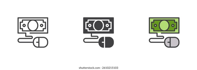 Pay per click different style icon set. Line, glyph and filled outline colorful version, outline and filled vector sign. Computer mouse with money bill symbol, logo illustration. Vector graphics