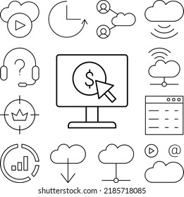 Pay per click, dollar, SEO icon in a collection with other items