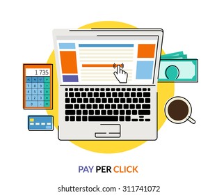 Pay per click. Flat contour conceptual illustration of laptop with internet advertising on website, calculator and money 