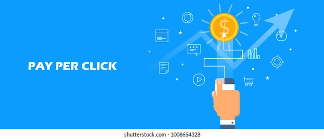 Pay per click flat design concept, hand clicking  on a mouse, profit making vector illustration on blue background