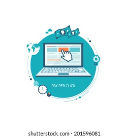 Pay per click flat illustration with laptop and pointer. eps8