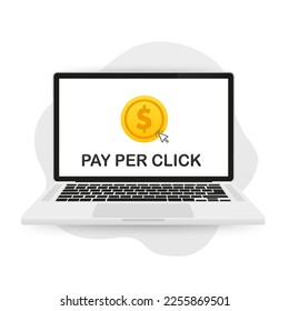 Pay per Click flache Illustration mit Laptop und Zeiger. PPC-Werbung Online-Messenger. Marketingstrategie für die Unternehmensförderung. Bezahlen Sie für das Banner auf der Webseite. Vektorgrafik