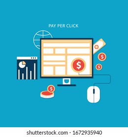 Banner vectorial de estilo plano de pago por clic. Publicidad en Internet, concepto de marketing en línea.