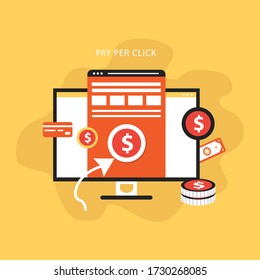 Banner de vector de estilo plano de pago por clic. Publicidad en Internet, concepto de marketing en línea