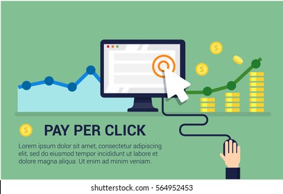 Pay Per Click flat style vector banner. Internet advertising, online marketing concept. Modern illustration for web design, marketing and print material.