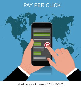 pay per click, hands, mobile, cellphone, vector illustration