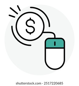 Diseño de icono de pago por Hacer clic. Representación de la publicidad. Comercialización. Ingresos. Campaña en línea. Icono de Vector.