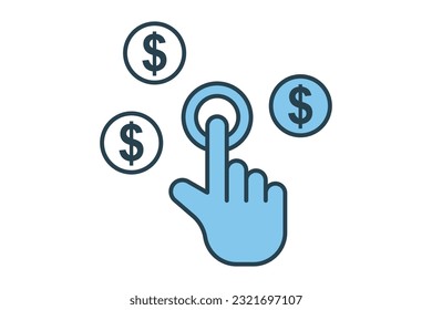 Icono de pago por clic. toque de mano con dólar, haga clic en dinero seo. Diseño de estilo de icono de línea plana. Diseño de vector simple editable