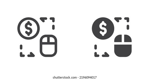 Pay per click icon, line and glyph version, outline and filled vector sign. linear and full pictogram. PPC symbol, logo illustration. Different style icons set