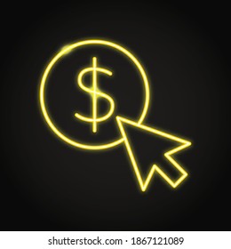 Pay per click icon in neon line style. Coin with dollar sign and mouse cursor symbols. Vector illustration.