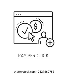 Pay-per-Click-Symbol, SEM oder Suchmaschinen-Marketing- und Content-Management-Vektor-Linien-Piktogramm. Website-Suche und Web-Werbung Symbol, PPC für SEM oder SEO in Internet-Medien oder Online-Inhalt