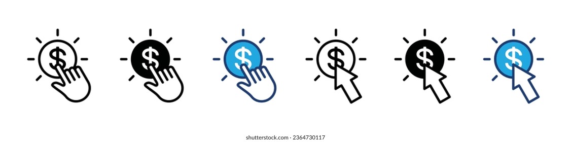 Pay per click icon set. Click or press the dollar symbol buttons in thin line and flat style for apps and websites. Vector illustration	
