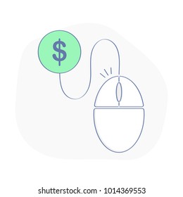 Pay per click illustration or cost per click, CPC, freelance, pay per work in web, internet surf device icon concept. Mouse pad connected with dollar coin symbol. E-commerce flat outline sign vector.
