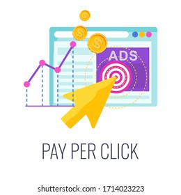Pay per click infographics pictogram. Strategy, management and marketing. Internet advertising model used to drive traffic to websites. Successful business. Flat vector illustration.