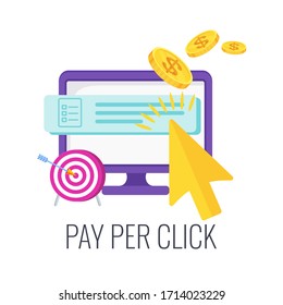 Pay per Click Infografik Piktogramm. Strategie, Management und Marketing. Internet-Werbemodell, das verwendet wurde, um den Verkehr auf Websites zu fördern. Erfolgreiches Geschäft. Flache Vektorillustration.