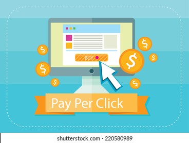 Pay per click internet advertising model when the ad is clicked. Monitor with button buy modern flat design cartoon style