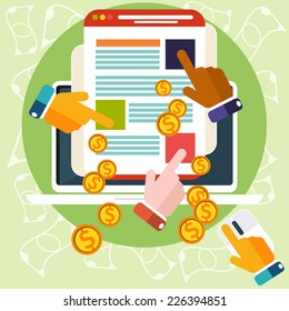 Pay per click internet advertising model when the ad is clicked. Monitor with button buy modern flat design cartoon style