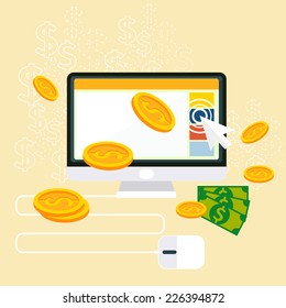 Pay per click internet advertising model when the ad is clicked. Monitor with button buy modern flat design cartoon style
