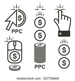 Pay per click internet advertising with dollar signs. Conceptual PPC logo vector illustration made with cursor arrow and coin icons.