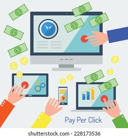 Pay per click internet advertising model when the ad is clicked. Flat design set of display, laptop, tablet computer and mobile phone template with applications (app) icons. Vector illustration