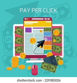 Pay per click internet advertising model when the ad is clicked. Monitor with button buy modern flat design cartoon style
