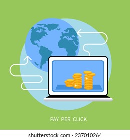 Pay per click internet advertising model when the ad is clicked. Monitor of laptop with coins near globe planet flat design cartoon style