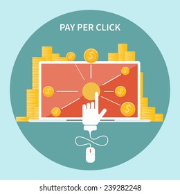 Pay per click internet advertising model when the ad is clicked. Monitor with button buy modern flat design cartoon style