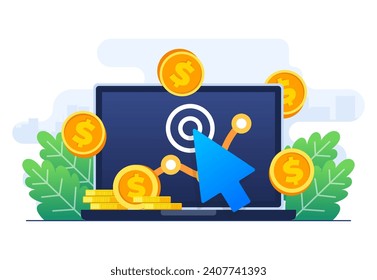 Pay Per Click internet advertising concept flat vector illustration, Online social media campaign, Display ads on website generating revenue for the publisher, Paid advertising campaign, PPC