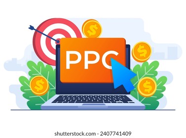 Pay Per Click internet advertising concept flat vector illustration, Online social media campaign, Display ads on website generating revenue for the publisher, Paid advertising campaign, PPC