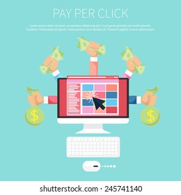 Pay per click internet advertising model when the ad is clicked. Monitor with money in hands modern flat design cartoon style