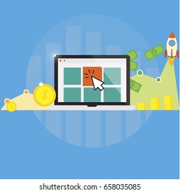 Pay Per Click. Internet advertising, online marketing. Profit earnings