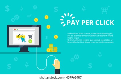Pay per click - internet marketing, advertising concept in line and flat style. Hand clicks on mouse and making online purchase. PPC and conversion vector illustration.