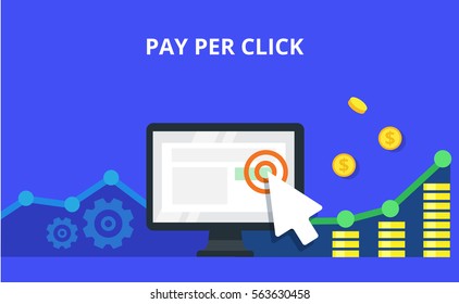 Pay Per Click internet marketing concept - flat vector illustration. Graph, monitor, big arrow and many coins. PPC advertising and conversion.