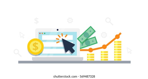 Pay Per Click internet marketing concept - flat vector illustration. Graph, monitor, big arrow and money. PPC advertising and conversion.