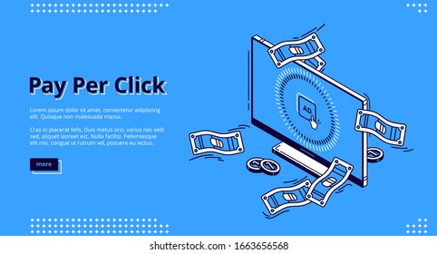 Pay Per Click Isometric Landing Page, Computer Desktop With Cursor Clicking On Ad Button, Money Bill Around. Ppc Business, Cpc Advertising Technology, Sponsored Listing 3d Vector Line Art Web Banner