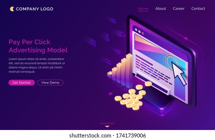 Pay per click isometric landing page, computer with cursor clicking on ad button, money falling from desktop. Ppc business, cpc advertising model, sponsored listing technology 3d vector web banner