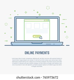 Pay per click line illustration. Online money payment in web browser. Open notebook or laptop with internet store and mouse cursor over button. Linear modern, trendy vector banner.