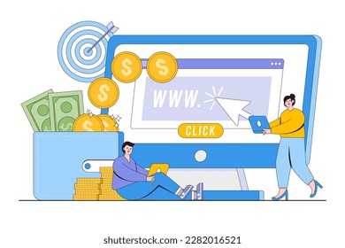 Pagar por clic, hacer dinero en el concepto en línea. Hombre y mujer joven usando laptop para ganar dinero. Estilo de diseño de contorno ilustración vectorial mínima para página de inicio, banner web, infografías, imágenes de héroe.