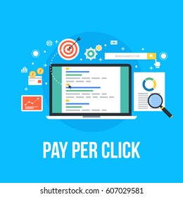 Pay per click management vector concept with marketing icons on blue background