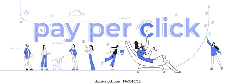 Pay per click marketing concept, search marketing with characters. PPC campaign management, online ad, targeted promotion abstract metaphor. Creative flat Illustration thin line Art design of vector.