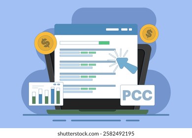 Pay Per Click Marketing Concept or PPC, Digital Advertising Line Campaign. Digital Marketing Who Wants to Explain or Promote the Ins and Outs of PPC Advertising. Successful PPC Strategy.